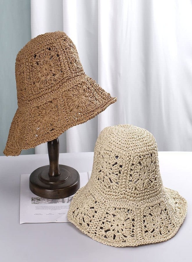 Sumleno Women Straw Sun Hat Floral Woven Crochet Bucket Hat Y2k Aesthetic Accessories Beach Hat Hand Woven Boho Foldable Cap (Beige,One Size) - Image 3